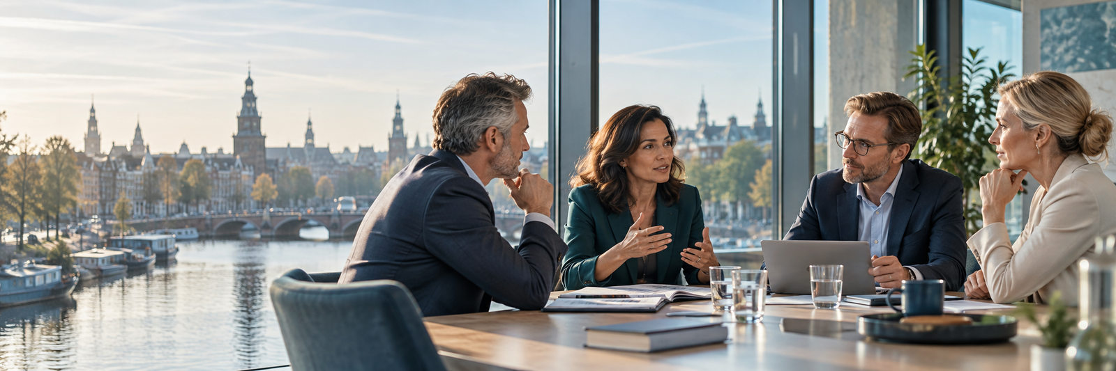 Professional leaders discussing enterprise strategy and coordinated execution in an Amsterdam office